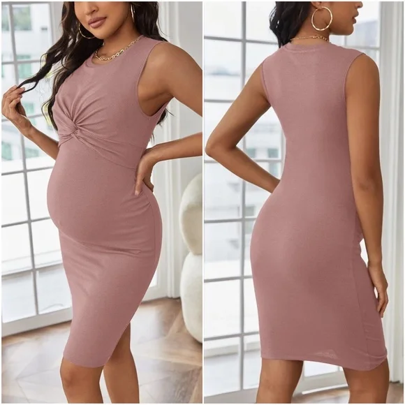Maternity Ruched Sleeveless Ribbed Fitted Dress - Picture 7 of 7